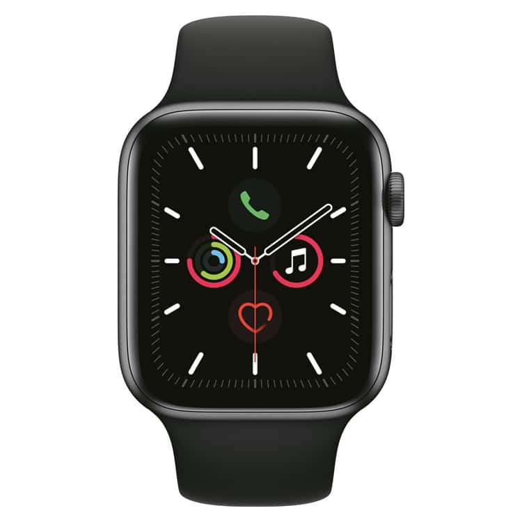 Apple Watch 5: Spacegrijs met zwart sportbandje (voorkant)